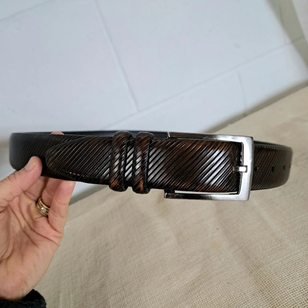 Jos A Bank Brown Ribbed Leather Dress Business Belt Silver Buckle Sz36